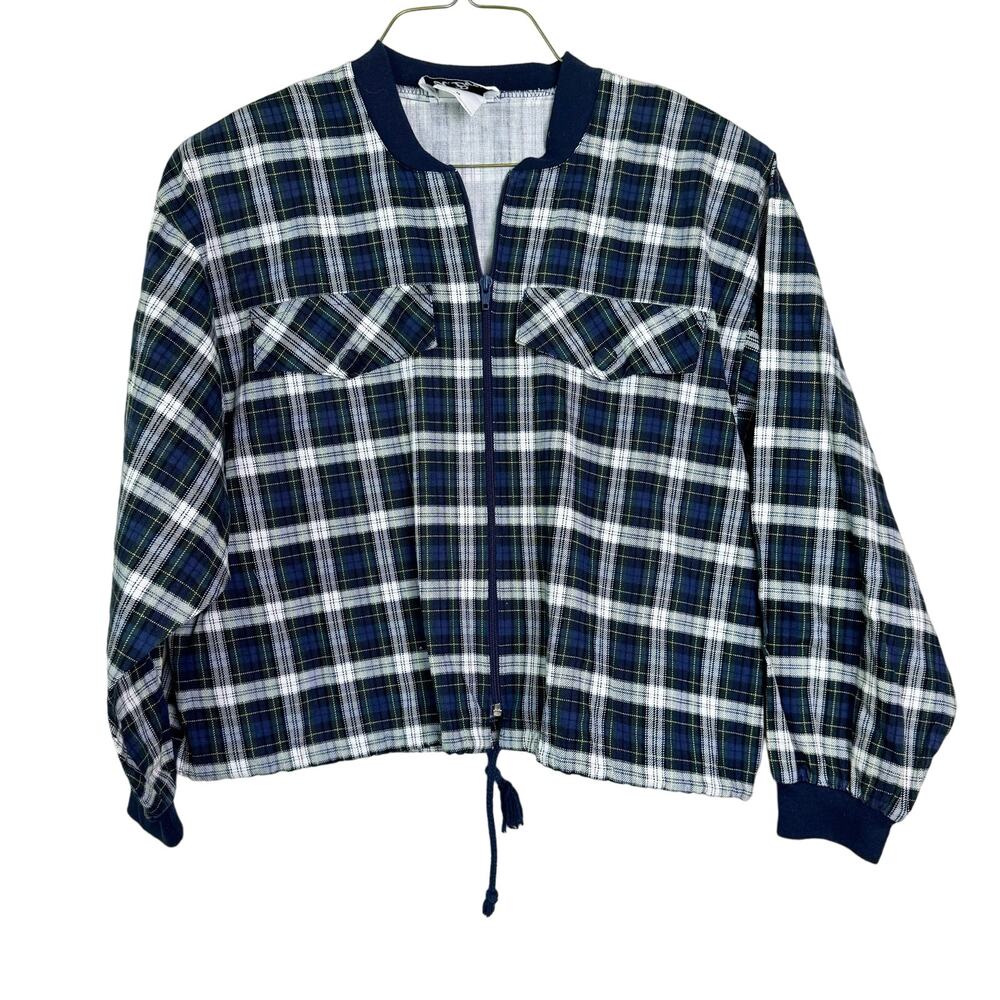 A. Byer VINTAGE blue tartan plaid cropped zip front jacket Size MEDIUM